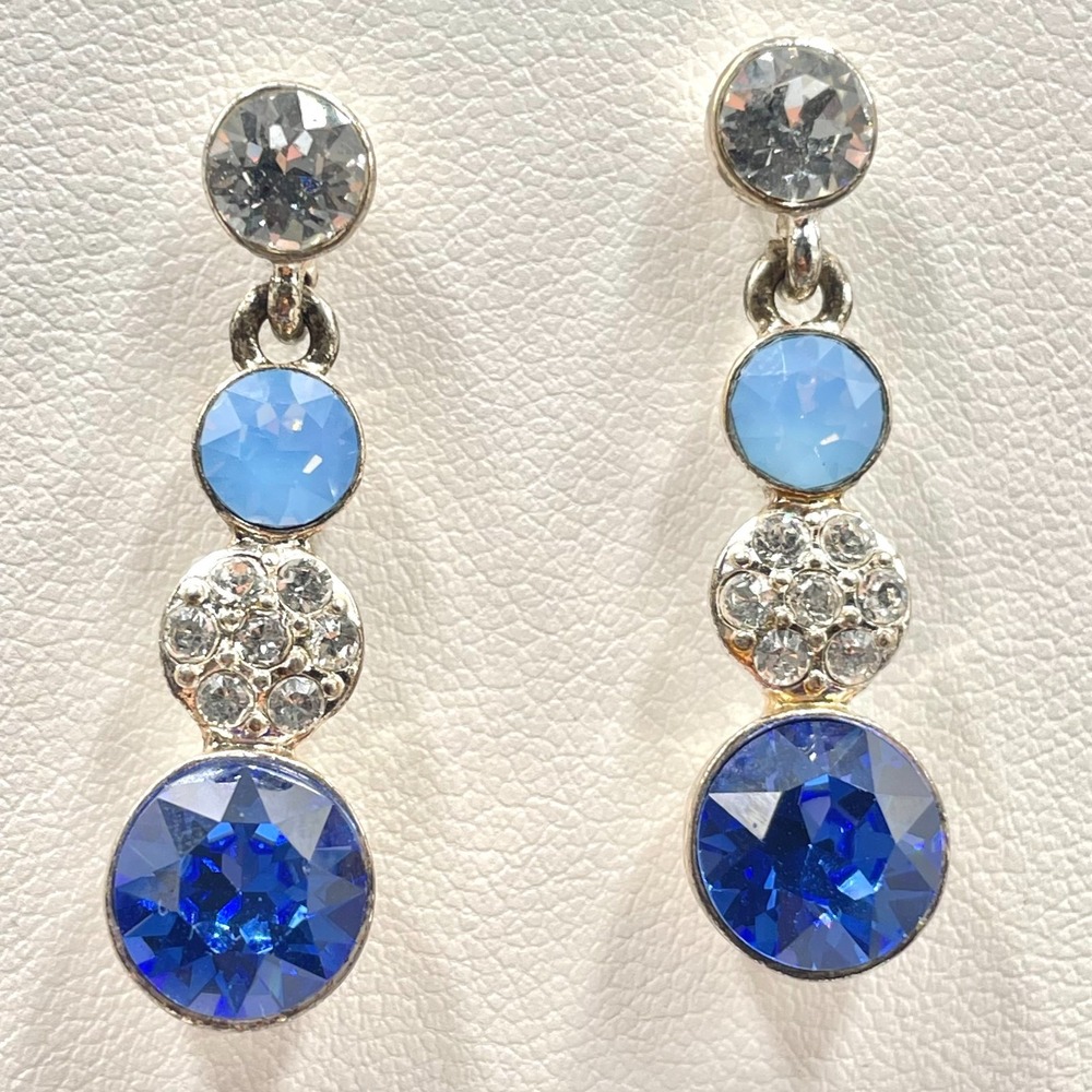 Vintage Y2K Blue Crystal Rhinestone Drop Dangle Earrings Silver Tone Ombre